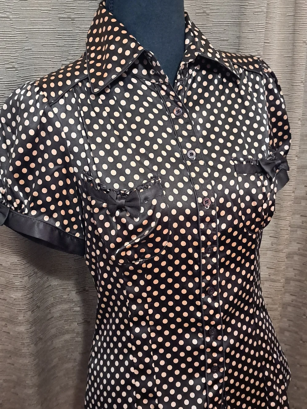 bebe Brown Silk blend Blouse with Tan Polka Dots